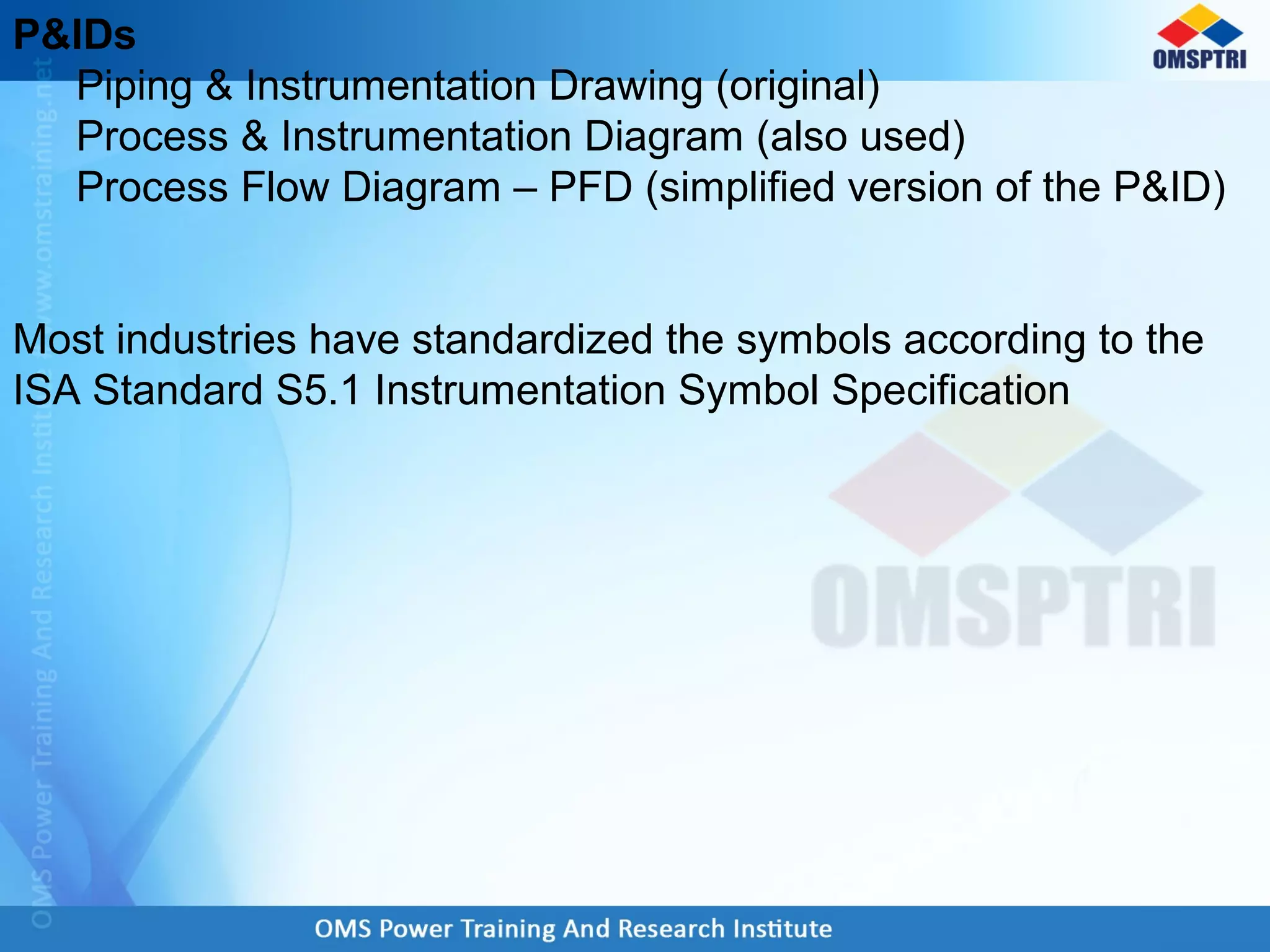 P&IDs
Piping & Instrumentation Drawing (original)
Process & Instrumentation Diagram (also used)
Process Flow Diagram – PFD (simplified version of the P&ID)
Most industries have standardized the symbols according to the
ISA Standard S5.1 Instrumentation Symbol Specification
 
