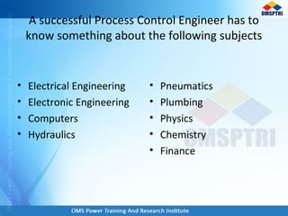 A successful Process Control Engineer has to
know something about the following subjects
• Electrical Engineering
• Electronic Engineering
• Computers
• Hydraulics
• Pneumatics
• Plumbing
• Physics
• Chemistry
• Finance
 