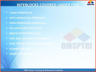 INTERLOCKS COVERED UNDER FSSS
 PURGE PERMISSIVES
 HOTV OPEN/CLOSE INTERLOCKS
 HORV OPEN/CLOSE INTERLOCKS
 OIL GUNS START/STOP CYCLE
 BOILER PROTECTION LOGICS
 COAL MILL START/STOP INTERLOCKS
 COAL FEEDER START/STOP INTERLOCKS
 SCANNER AIR FANS
 DAMPER INTERLOCKS
 
