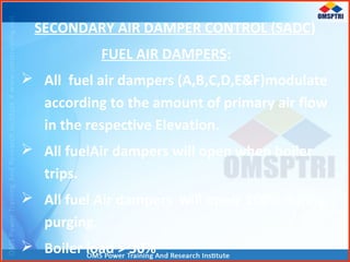 SECONDARY AIR DAMPER CONTROL (SADC)
FUEL AIR DAMPERS:
 All fuel air dampers (A,B,C,D,E&F)modulate
according to the amount of primary air flow
in the respective Elevation.
 All fuelAir dampers will open when boiler
trips.
 All fuel Air dampers will open 100% during
purging.
 Boiler load > 30%
 