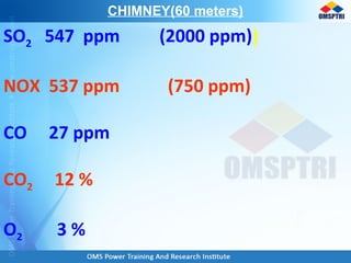 CHIMNEY(60 meters)
SO2 547 ppm (2000 ppm))
NOX 537 ppm (750 ppm)
CO 27 ppm
CO2 12 %
O2 3 %
 