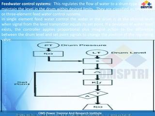 In single element feed water control the water in the drum is at the desired level
when signal from the level transmitter equals its set point. If a deviation of water level
exists, the controller applies proportional plus integral action to the difference
between the drum level and set point signals to change the position of the regulating
valve.
Feedwater control systems: This regulates the flow of water to a drum-type Boiler to
maintain the level in the drum within desired limits. They are classified as one-, two-
or three-element feed water control systems.
 