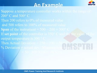 An Example
Suppose a temperature controller works within the range of
200° C and 500° C
Then 200 refers to 0% of measured value
and 500 refers to 100% of measured value
Span of the instrument = 500 – 200 = 300° C
If set point of the controller is 350° C and the the value of the
output temperature is 300 ° C
Then Actual Deviation = 350 – 300 = 50 ° C
% Deviation = actual dev / Measurement span X 100
= 50 / 300 X100 = 16.67%
 