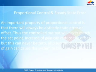 Proportional Control & Steady State Error
An important property of proportional control is
that there will always be a steady state error or
offset. Thus the controlled out put will never match
the set point. Increase of gain can reduce the offset
but this can never be zero, also too much increase
of gain can cause the system to become unstable.
 