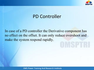 PD Controller
In case of a PD controller the Derivative component has
no effect on the offset. It can only reduce overshoot and
make the system respond rapidly.
 