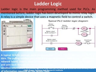 Ladder Logic
Ladder logic is the main programming method used for PLCs. As
mentioned before, ladder logic has been developed to mimic relay logic.
A relay is a simple device that uses a magnetic field to control a switch.
A typical SCADA package polls numerous points in a PLC to retrieve live factory
data. The polling involves executing the protocol stacks on both the PC and the PLC
network board. Data is then retrieved from the PLC memory across the backplane
and sent back through the same protocol levels. This makes it unsuitable for time-
sensitive information. Embedding the web server in the plc ensures the timely flow
of information required on the factory floor.
 