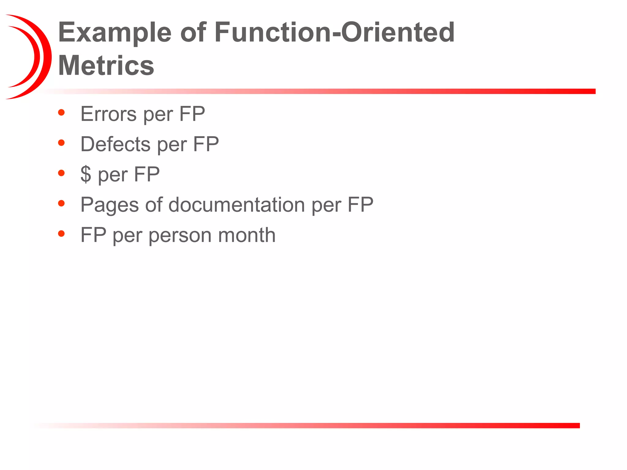 Example of Function-Oriented
Metrics
• Errors per FP
• Defects per FP
• $ per FP
• Pages of documentation per FP
• FP per person month
 