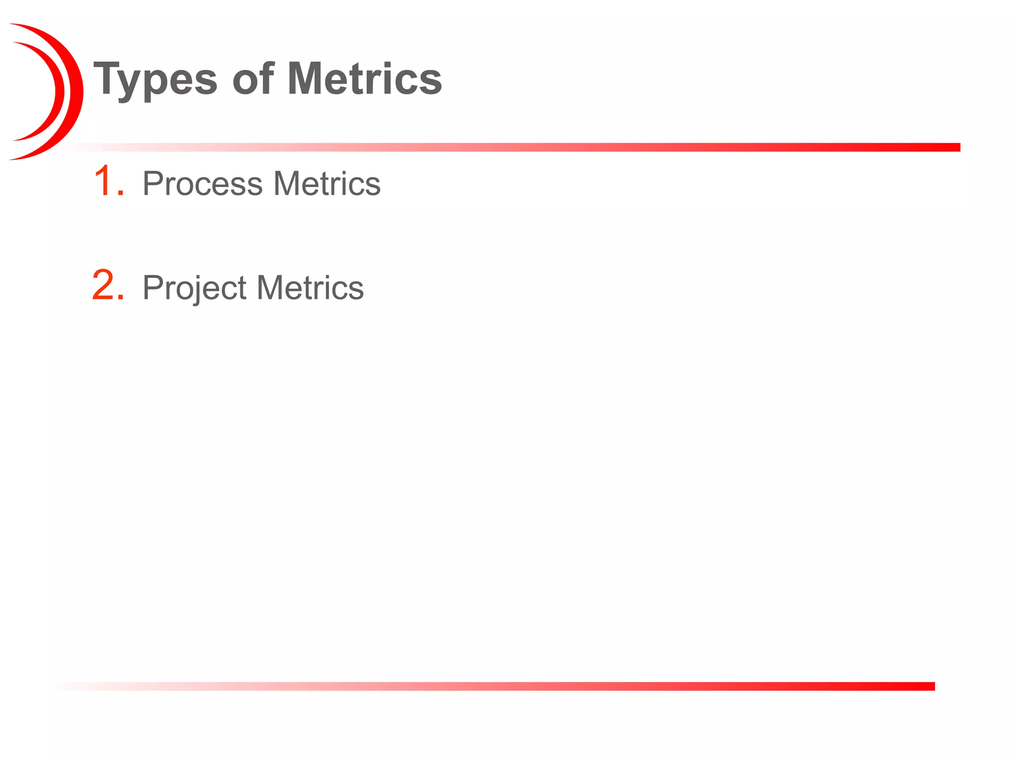 Types of Metrics
1. Process Metrics
2. Project Metrics
 