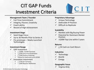 CIT GAP Funds
Investment Criteria
6
Management Team / Founder
 Full-Time Commitment
 Integrity, Passion, Creativity
 Coach-ability
 Record of High Achievement
Investment Stage
 Seed-Stage Focus
 Up to 36 Months Prior to Series-A
 Pre-prototype – Newly-Launched
Technologies
Investment Range
 GAP Investment
 < $200K; >$100K Tranched
 < $1M Concurrent Syndication
 < $1M Previous Financing
 Follow-On Investment up to $250K
 Innovation Investment
 < $75K per Company
 > $50K Requires IAB Review
Proprietary Advantage
 Unique Technology
 Defensible IP Position
 Difficult-to-Replicate
Scalability
 Markets with Big Buying Power
 Potential for Dominant Market
Position
 >$20M Top-Line within 5 years
Returns
 > 5X Cash-on-Cash Return
Industries
 Technology
 BioLife
 Energy
Geographic Focus
 Virginia-Only
© 2014 Center for Innovative Technology
 