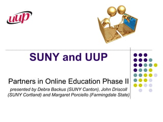 SUNY and UUP

Partners in Online Education Phase II
 presented by Debra Backus (SUNY Canton), John Driscoll
(SUNY Cortland) and Margaret Porciello (Farmingdale State)
 