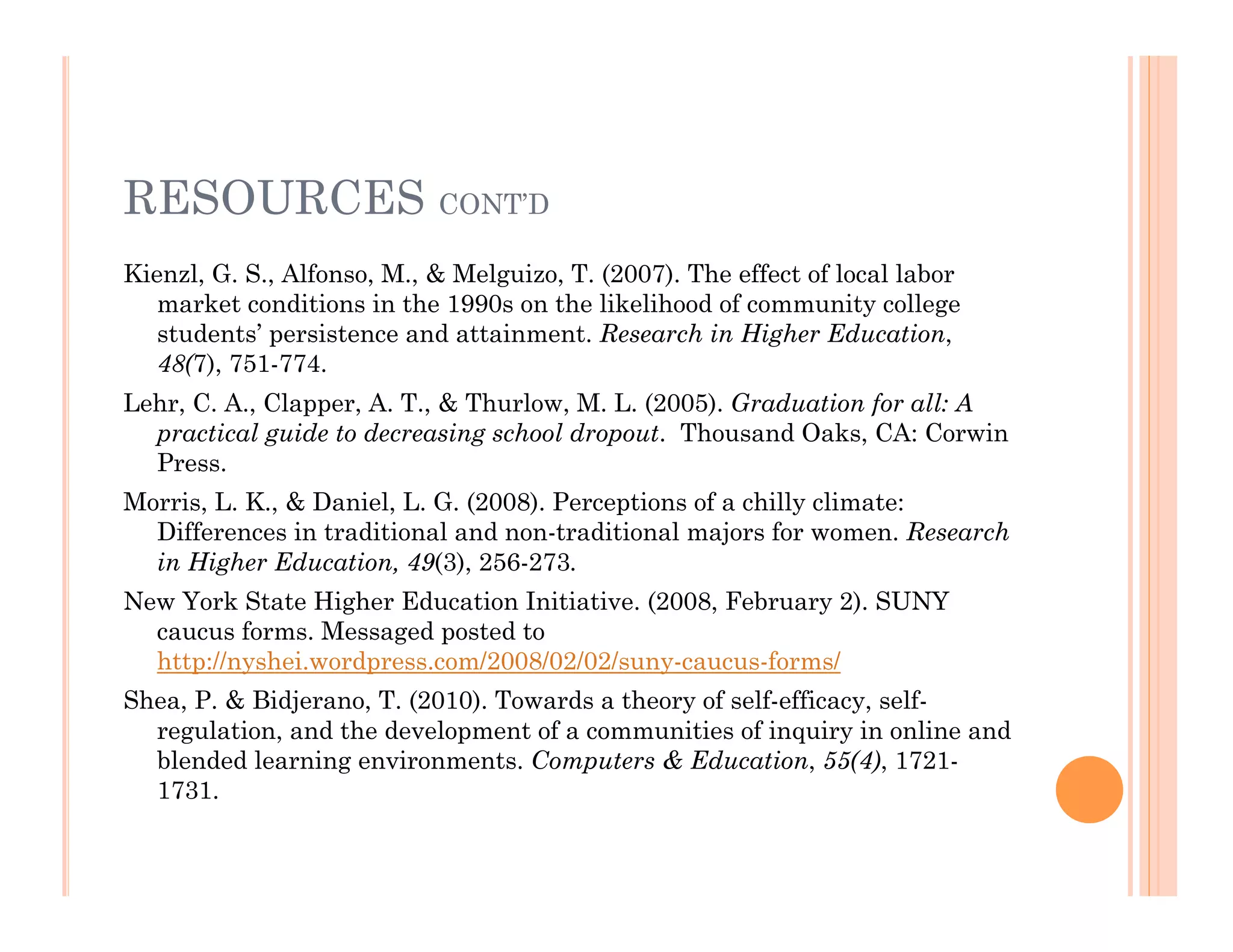 RESOURCES CONT’D
Kienzl, G. S., Alfonso, M., & Melguizo, T. (2007). The effect of local labor
   market conditions in the 1990s on the likelihood of community college
   students’ persistence and attainment. Research in Higher Education,
   48(7), 751-774.
Lehr, C. A., Clapper, A. T., & Thurlow, M. L. (2005). Graduation for all: A
  practical guide to decreasing school dropout. Thousand Oaks, CA: Corwin
  Press.
Morris, L. K., & Daniel, L. G. (2008). Perceptions of a chilly climate:
  Differences in traditional and non-traditional majors for women. Research
  in Higher Education, 49(3), 256-273.
New York State Higher Education Initiative. (2008, February 2). SUNY
  caucus forms. Messaged posted to
  http://nyshei.wordpress.com/2008/02/02/suny-caucus-forms/
Shea, P. & Bidjerano, T. (2010). Towards a theory of self-efficacy, self-
  regulation, and the development of a communities of inquiry in online and
  blended learning environments. Computers & Education, 55(4), 1721-
  1731.
 