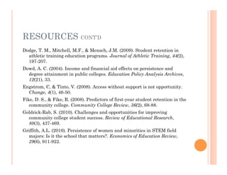RESOURCES CONT’D
Dodge, T. M., Mitchell, M.F., & Mensch, J.M. (2009). Student retention in
  athletic training education programs. Journal of Athletic Training, 44(2),
  197-207.
Dowd, A. C. (2004). Income and financial aid effects on persistence and
  degree attainment in public colleges. Education Policy Analysis Archives,
  12(21), 33.
Engstrom, C, & Tinto, V. (2008). Access without support is not opportunity.
  Change, 4(1), 46-50.
Fike, D. S., & Fike, R. (2008). Predictors of first-year student retention in the
   community college. Community College Review, 36(2), 68-88.
Goldrick-Rab, S. (2010). Challenges and opportunities for improving
  community college student success. Review of Educational Research,
  80(3), 437-469.
Griffith, A.L. (2010). Persistence of women and minorities in STEM field
  majors: Is it the school that matters?. Economics of Education Review,
  29(6), 911-922.
 