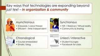 Key ways that technologies are expanding beyond
just text – in organization & community
Asynchronous
• D-boards / voice th...
