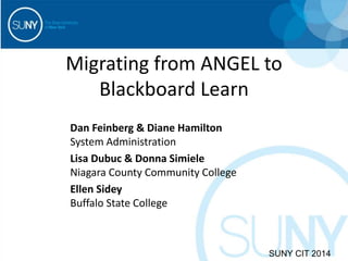 Migrating from ANGEL to
Blackboard Learn
Dan Feinberg & Diane Hamilton
System Administration
Lisa Dubuc & Donna Simiele
Niagara County Community College
Ellen Sidey
Buffalo State College
SUNY CIT 2014
 