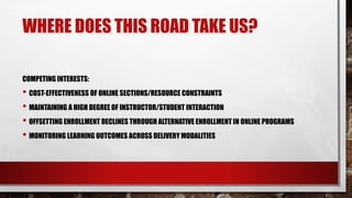 WHERE DOES THIS ROAD TAKE US?
COMPETING INTERESTS:
• COST-EFFECTIVENESS OF ONLINE SECTIONS/RESOURCE CONSTRAINTS
• MAINTAINING A HIGH DEGREE OF INSTRUCTOR/STUDENT INTERACTION
• OFFSETTING ENROLLMENT DECLINES THROUGH ALTERNATIVE ENROLLMENT IN ONLINE PROGRAMS
• MONITORING LEARNING OUTCOMES ACROSS DELIVERY MODALITIES
 