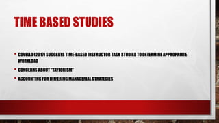 TIME BASED STUDIES
• COVELLO (2017) SUGGESTS TIME-BASED INSTRUCTOR TASK STUDIES TO DETERMINE APPROPRIATE
WORKLOAD
• CONCERNS ABOUT “TAYLORISM”
• ACCOUNTING FOR DIFFERING MANAGERIAL STRATEGIES
 