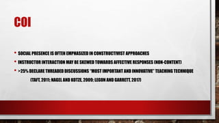 COI
• SOCIAL PRESENCE IS OFTEN EMPHASIZED IN CONSTRUCTIVIST APPROACHES
• INSTRUCTOR INTERACTION MAY BE SKEWED TOWARDS AFFECTIVE RESPONSES (NON-CONTENT)
• >25% DECLARE THREADED DISCUSSIONS “MOST IMPORTANT AND INNOVATIVE” TEACHING TECHNIQUE
(TAFT, 2011; NAGEL AND KOTZE, 2009; LEGON AND GARRETT, 2017)
 