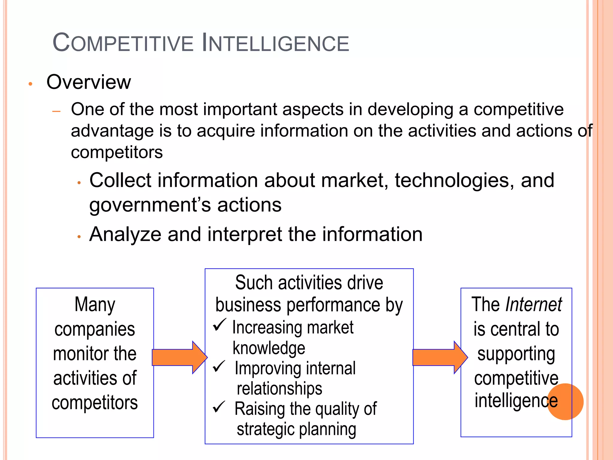 COMPETITIVE INTELLIGENCE
• Overview
– One of the most important aspects in developing a competitive
advantage is to acquire information on the activities and actions of
competitors
• Collect information about market, technologies, and
government’s actions
• Analyze and interpret the information
The Internet
is central to
supporting
competitive
intelligence
Such activities drive
business performance by
 Increasing market
knowledge
 Improving internal
relationships
 Raising the quality of
strategic planning
Many
companies
monitor the
activities of
competitors
 