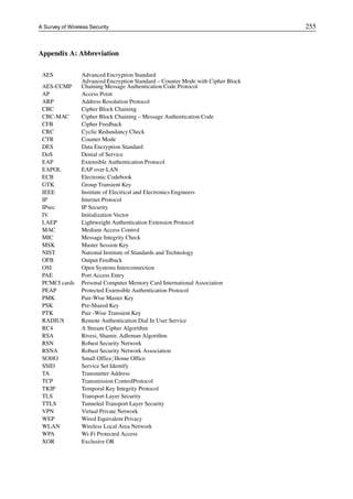 A Survey of Wireless Security 255
Appendix A: Abbreviation
AES Advanced Encryption Standard
AES-CCMP
Advanced Encryption Standard – Counter Mode with Cipher Block
Chaining Message Authentication Code Protocol
AP Access Point
ARP Address Resolution Protocol
CBC Cipher Block Chaining
CBC-MAC Cipher Block Chaining – Message Authentication Code
CFB Cipher Feedback
CRC Cyclic Redundancy Check
CTR Counter Mode
DES Data Encryption Standard
DoS Denial of Service
EAP Extensible Authentication Protocol
EAPOL EAP over LAN
ECB Electronic Codebook
GTK Group Transient Key
IEEE Institute of Electrical and Electronics Engineers
IP Internet Protocol
IPsec IP Security
IV Initialization Vector
LAEP Lightweight Authentication Extension Protocol
MAC Medium Access Control
MIC Message Integrity Check
MSK Master Session Key
NIST National Institute of Standards and Technology
OFB Output Feedback
OSI Open Systems Interconnection
PAE Port Access Entry
PCMCI cards Personal Computer Memory Card International Association
PEAP Protected Extensible Authentication Protocol
PMK Pair-Wise Master Key
PSK Pre-Shared Key
PTK Pair -Wise Transient Key
RADIUS Remote Authentication Dial In User Service
RC4 A Stream Cipher Algorithm
RSA Rivesi, Shamir, Adleman Algorithm
RSN Robust Security Network
RSNA Robust Security Network Association
SOHO Small Office/Home Office
SSID Service Set Identify
TA Transmitter Address
TCP Transmission ControlProtocol
TKIP Temporal Key Integrity Protocol
TLS Transport Layer Security
TTLS Tunneled Transport Layer Security
VPN Virtual Private Network
WEP Wired Equivalent Privacy
WLAN Wireless Local Area Network
WPA Wi-Fi Protected Access
XOR Exclusive OR
 