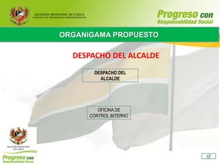 ORGANIGAMA PROPUESTO

  DESPACHO DEL ALCALDE
       DESPACHO DEL
         ALCALDE




         OFICINA DE
      CONTROL INTERNO
 