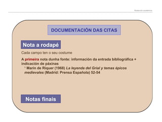 Redacción académica

DOCUMENTACIÓN DAS CITAS

Nota a rodapé
Cada campo ten o seu costume
A primeira nota dunha fonte: información da entrada bibliográfica +
indicación de páxinas
1
Marín de Riquer (1968) La leyenda del Grial y temas épicos
medievales (Madrid: Prensa Española) 52-54

Notas finais

 