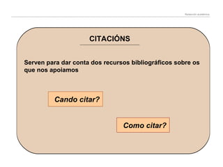 Redacción académica

CITACIÓNS
Serven para dar conta dos recursos bibliográficos sobre os
que nos apoiamos

Cando citar?
Como citar?

 