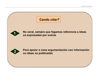 Redacción académica

Cando citar?

1

No xeral, sempre que fagamos referencia a ideas
xa expresadas por outros

2

Para apoiar a nosa argumentación con información
ou ideas xa publicadas

 