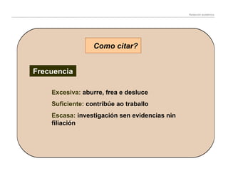 Redacción académica

Como citar?
Frecuencia
Excesiva: aburre, frea e desluce
Suficiente: contribúe ao traballo
Escasa: investigación sen evidencias nin
filiación

 