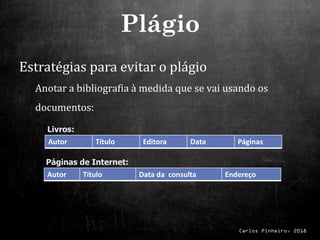 Carlos Pinheiro, 2018
Estratégias para evitar o plágio
Anotar a bibliografia à medida que se vai usando os
documentos:
Autor Título Editora Data Páginas
Autor Título Data da consulta Endereço
Livros:
Páginas de Internet:
Plágio
 