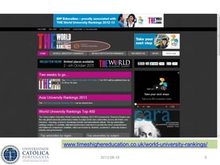 Quem paga este serviço?
• As universidades e instituições de I&D
• As agencias financiadoras
• Em Portugal, o acesso a estas bases de dados
tem sido assegurado pela FCT
• As citações estão também ligadas aos rankings
das universidades, à universidade como
negócio
2013-06-18 6
b-on.pt
 