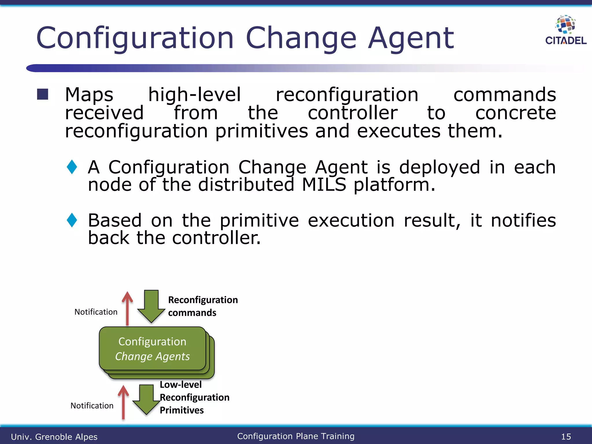  Maps high-level reconfiguration commands
received from the controller to concrete
reconfiguration primitives and executes them.
 A Configuration Change Agent is deployed in each
node of the distributed MILS platform.
 Based on the primitive execution result, it notifies
back the controller.
Configuration Change Agent
Univ. Grenoble Alpes Configuration Plane Training 15
Low-level
Reconfiguration
PrimitivesNotification
Configuration
Change Agents
Reconfiguration
commandsNotification
 