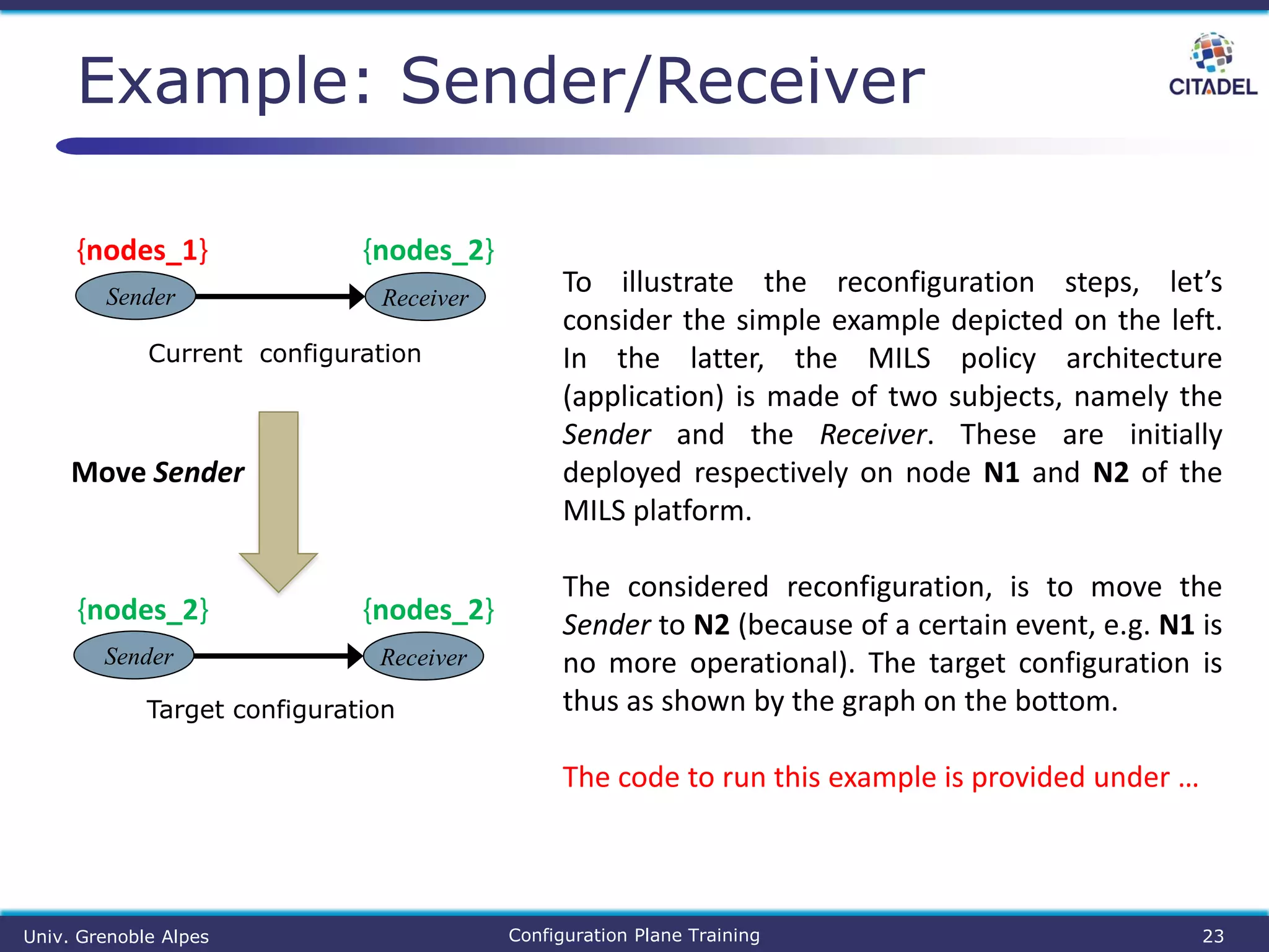Example: Sender/Receiver
Univ. Grenoble Alpes Configuration Plane Training 23
Current configuration
Sender
{nodes_1}
Receiver
{nodes_2}
Target configuration
Sender
{nodes_2}
Receiver
{nodes_2}
Move Sender
To illustrate the reconfiguration steps, let’s
consider the simple example depicted on the left.
In the latter, the MILS policy architecture
(application) is made of two subjects, namely the
Sender and the Receiver. These are initially
deployed respectively on node N1 and N2 of the
MILS platform.
The considered reconfiguration, is to move the
Sender to N2 (because of a certain event, e.g. N1 is
no more operational). The target configuration is
thus as shown by the graph on the bottom.
The code to run this example is provided under …
 