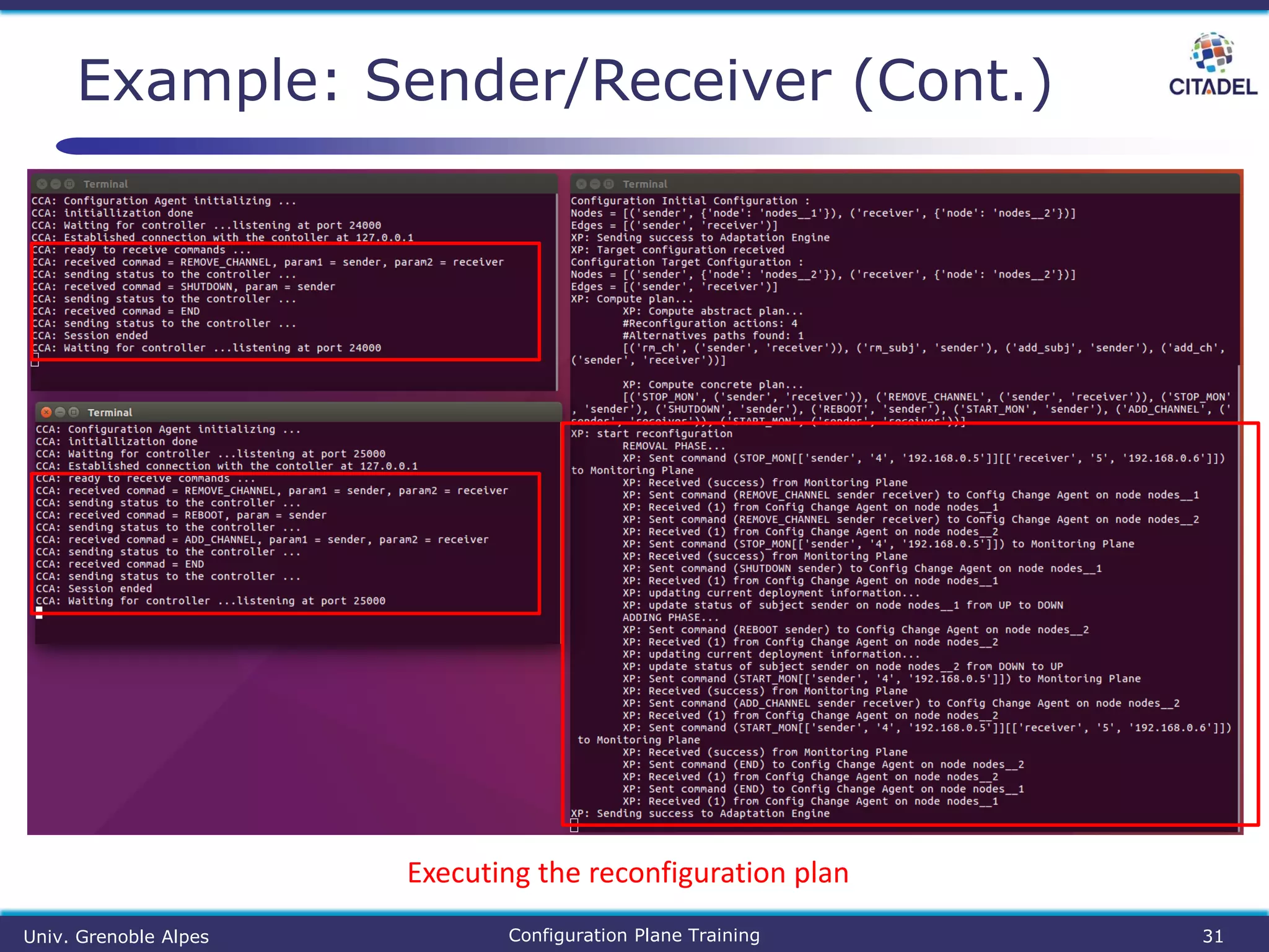 Example: Sender/Receiver (Cont.)
Univ. Grenoble Alpes Configuration Plane Training 31
Executing the reconfiguration plan
 