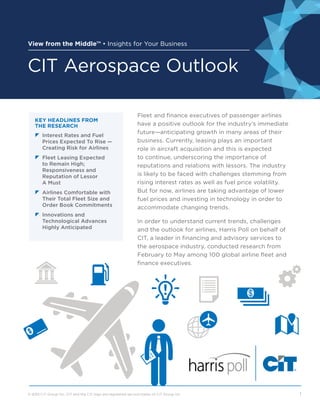 © 2015 CIT Group Inc. CIT and the CIT logo are registered service marks of CIT Group Inc.	 1
KEY HEADLINES FROM
THE RESEARCH
	z	 Interest Rates and Fuel
Prices Expected To Rise —
Creating Risk for Airlines
z	 Fleet Leasing Expected
to Remain High;
Responsiveness and
Reputation of Lessor 	
A Must
	z	 Airlines Comfortable with
Their Total Fleet Size and
Order Book Commitments
	z	 Innovations and
Technological Advances
Highly Anticipated
CIT Aerospace Outlook
Fleet and finance executives of passenger airlines
have a positive outlook for the industry’s immediate
future—anticipating growth in many areas of their
business. Currently, leasing plays an important
role in aircraft acquisition and this is expected
to continue, underscoring the importance of
reputations and relations with lessors. The industry
is likely to be faced with challenges stemming from
rising interest rates as well as fuel price volatility.
But for now, airlines are taking advantage of lower
fuel prices and investing in technology in order to
accommodate changing trends.
In order to understand current trends, challenges
and the outlook for airlines, Harris Poll on behalf of
CIT, a leader in financing and advisory services to
the aerospace industry, conducted research from
February to May among 100 global airline fleet and
finance executives.
View from the Middle™ • Insights for Your Business
 