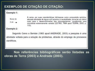 EXEMPLOS DE CITAÇÃO DE CITAÇÃO:
Nas referências bibliográficas serão listadas as
obras de Terra (2003) e Andrade (2003).
 