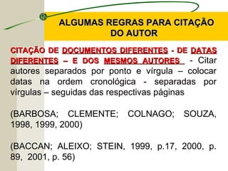 CITAÇÃO DECITAÇÃO DE DOCUMENTOS DIFERENTESDOCUMENTOS DIFERENTES - DE- DE DATASDATAS
DIFERENTESDIFERENTES – E DOS– E DOS MESMOS AUTORESMESMOS AUTORES - Citar
autores separados por ponto e vírgula – colocar
datas na ordem cronológica - separadas por
vírgulas – seguidas das respectivas páginas
(BARBOSA; CLEMENTE; COLNAGO; SOUZA,
1998, 1999, 2000)
(BACCAN; ALEIXO; STEIN, 1999, p.17, 2000, p.
89, 2001, p. 56)
ALGUMAS REGRAS PARA CITAÇÃOALGUMAS REGRAS PARA CITAÇÃO
DO AUTORDO AUTOR
 
