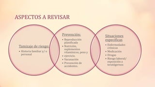 ASPECTOS A REVISAR
Tamizaje de riesgo:
• Historia familiar y/ o
personal
Prevención:
• Reproducción
planificada
• Nutrición,
suplementos
vitamínicos, peso y
• ejercicio.
• Vacunación
• Prevención de
accidentes.
Situaciones
específicas
• Enfermedades
crónicas
• Medicación
• Drogas
• Riesgo laboral/
exposición a
teratógernos
 