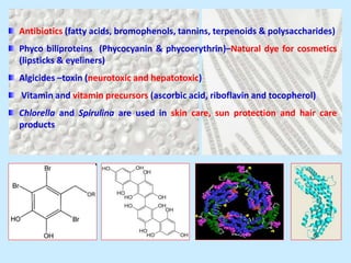 Antibiotics (fatty acids, bromophenols, tannins, terpenoids & polysaccharides)
Phyco biliproteins (Phycocyanin & phycoerythrin)–Natural dye for cosmetics
(lipsticks & eyeliners)
Algicides –toxin (neurotoxic and hepatotoxic)
Vitamin and vitamin precursors (ascorbic acid, riboflavin and tocopherol)
Chlorella and Spirulina are used in skin care, sun protection and hair care
products
 