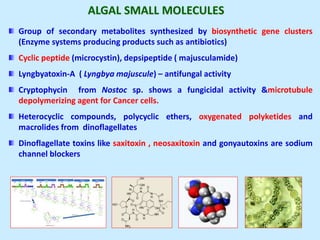 ALGAL SMALL MOLECULES
Group of secondary metabolites synthesized by biosynthetic gene clusters
(Enzyme systems producing products such as antibiotics)
Cyclic peptide (microcystin), depsipeptide ( majusculamide)
Lyngbyatoxin-A ( Lyngbya majuscule) – antifungal activity
Cryptophycin from Nostoc sp. shows a fungicidal activity &microtubule
depolymerizing agent for Cancer cells.
Heterocyclic compounds, polycyclic ethers, oxygenated polyketides and
macrolides from dinoflagellates
Dinoflagellate toxins like saxitoxin , neosaxitoxin and gonyautoxins are sodium
channel blockers
 