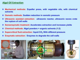 Algal Oil Extraction
Mechanical methods: Expeller press, with vegetable oils, with chemical
solvents
Osmotic methods: Sudden reduction in osmotic pressure
Ultrasonic assisted extraction: ultrasonic reactor, ultrasonic waves crate
the rupture of cell walls
Sonoenzymatic treatment: Accelerates extraction and increases yields
Chemical methods: Algal powders + organic solvents (1:2)
Supercritical fluid extraction: liquid CO2 With different pressure
Enzymatic extraction: Enzymes to degrade the cell walls
 