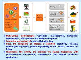 Multi-OMICS methodologies: Genomics, Transcriptomics, Proteomics,
Metabolomics, Metagenomics and Meta transcriptomics
Production and analysis of massive biological data
Once, the compound of interest is identified, bioactivity screening,
heterologous expression, genetic engineering and/or chemical synthesis can
follow
Characterize the activity and produce the desired bioproducts with
pharmaceutical, nutraceutical, cosmeceutical and biofuel production
applications.
 