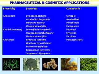 PHARMACEUTICAL & COSMETIC APPLICATIONS
Bioactivity Seaweeds Compounds
Antioxidant Cymopolia barbata Cymopol
Avrainvillea longicaulis Avrainvilleol
Halimeda opuntia Polyphenols
Undaria pinnatifida Fucoxanthin
Anti-inflammatory Laureafincia claviformis Pacifenol
Stypopodium flabelliforme Styfotriol
Undaria pinnatifida Fucoidon
Anticancer Gracilaria corticata Polysaccharides
Gracilaria tenuistipitata
Plocamium telfairiae
Capsosiphon fulvescens
Sargassum oligocystum
 