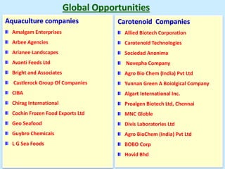 Aquaculture companies
Amalgam Enterprises
Arbee Agencies
Arianee Landscapes
Avanti Feeds Ltd
Bright and Associates
Castlerock Group Of Companies
CIBA
Chirag International
Cochin Frozen Food Exports Ltd
Geo Seafood
Guybro Chemicals
L G Sea Foods
Carotenoid Companies
Allied Biotech Corporation
Carotenoid Technologies
Sociedad Anonima
Novepha Company
Agro Bio Chem (India) Pvt Ltd
Yunnan Green A Boiolgical Company
Algart International Inc.
Proalgen Biotech Ltd, Chennai
MNC Globle
Divis Laboratories Ltd
Agro BioChem (India) Pvt Ltd
BOBO Corp
Hovid Bhd
Global Opportunities
 