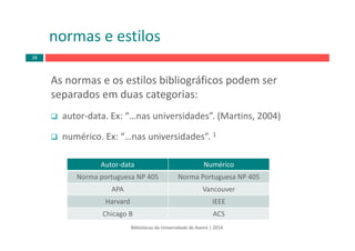 As normas e os estilos bibliográficos podem ser 
separados em duas categorias:
autor‐data. Ex: “…nas universidades”. (Martins, 2004)
numérico. Ex: “…nas universidades”. 1
Bibliotecas da Universidade de Aveiro | 2014
Autor‐data Numérico
Norma portuguesa NP 405 Norma Portuguesa NP 405
APA Vancouver
Harvard IEEE
Chicago B ACS
normas e estilos
28
 