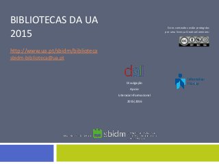 Estes conteúdos estão protegidos
por uma licença CreativeCommons:
Divulgação
Apoio
LiteraciaInformacional
2015|2016
BIBLIOTECAS DA UA
2015
http://www.ua.pt/sbidm/biblioteca
sbidm-biblioteca@ua.pt
 