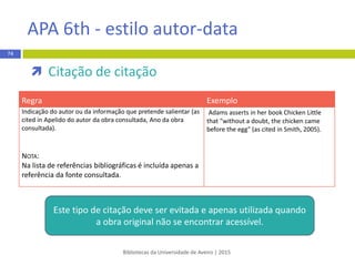 Bibliotecas da Universidade de Aveiro | 2015
Vancouver estilo numérico
referência bibliográfica
 