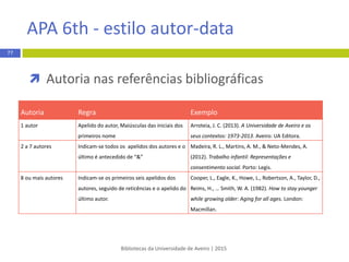  Autoria nas referências bibliográficas
 Indica-se o autor pelo seu apelido, sendo que apenas a letra inicial
se apresenta em maiúscula, seguida das iniciais do(s) nome(s),
sem o ponto, até ao máximo de duas iniciais por autor
REGRA:
Apelido Iniciais do autor
EXEMPLO:
1. Martins A, Silva RF,
 Indicam-se todos os autores independentemente do número,
separados por vírgula e espaço
Bibliotecas da Universidade de Aveiro | 2015
77
Vancouver - estilo numérico
 