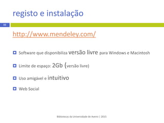  Artigo científico eletrónico
REGRA:
1. Apelido do autor Iniciais do nome. Título do artigo: complemento
de título. Abreviatura do título da revista [Internet]. Ano de
publicação Abreviatura do Mês Dia [cited ano abreviatura do Mês
Dia];volume(número):páginasxx-xx. Available from:
http://www.xxxxxx DOI: xxx
EXEMPLO:
1. Goldfried M. What should we expect from psychotherapy? Clin Psychol
Rev [Internet]. 2013 Apr 8 [cited 2014 Oct 9];33(7):862–9. Availablefrom:
http://www.sciencedirect.com/science/article/pii/S0272735813000718
DOI: 10.1016/j.cpr.2012.09.006
Bibliotecas da Universidade de Aveiro | 2015
88
Vancouver - estilo numérico
 
