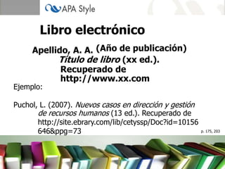 Apellido, A. A.
Libro electrónico
(Año de publicación)
Título de libro (xx ed.).
Recuperado de
Ejemplo:
Puchol, L. (2007). Nuevos casos en dirección y gestión
p. 175, 203
http://www.xx.com
de recursos humanos (13 ed.). Recuperado de
http://site.ebrary.com/lib/cetyssp/Doc?id=10156
646&ppg=73
 