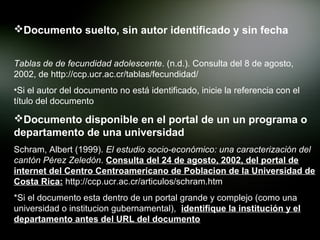 Documento suelto, sin autor identificado y sin fecha


Tablas de de fecundidad adolescente. (n.d.). Consulta del 8 de agosto,
2002, de http://ccp.ucr.ac.cr/tablas/fecundidad/
•Si el autor del documento no está identificado, inicie la referencia con el
título del documento

Documento disponible en el portal de un un programa o
departamento de una universidad
Schram, Albert (1999). El estudio socio-económico: una caracterización del
cantón Pérez Zeledón. Consulta del 24 de agosto, 2002, del portal de
internet del Centro Centroamericano de Poblacion de la Universidad de
Costa Rica: http://ccp.ucr.ac.cr/articulos/schram.htm
*Si el documento esta dentro de un portal grande y complejo (como una
universidad o institucion gubernamental), identifique la institución y el
departamento antes del URL del documento
 